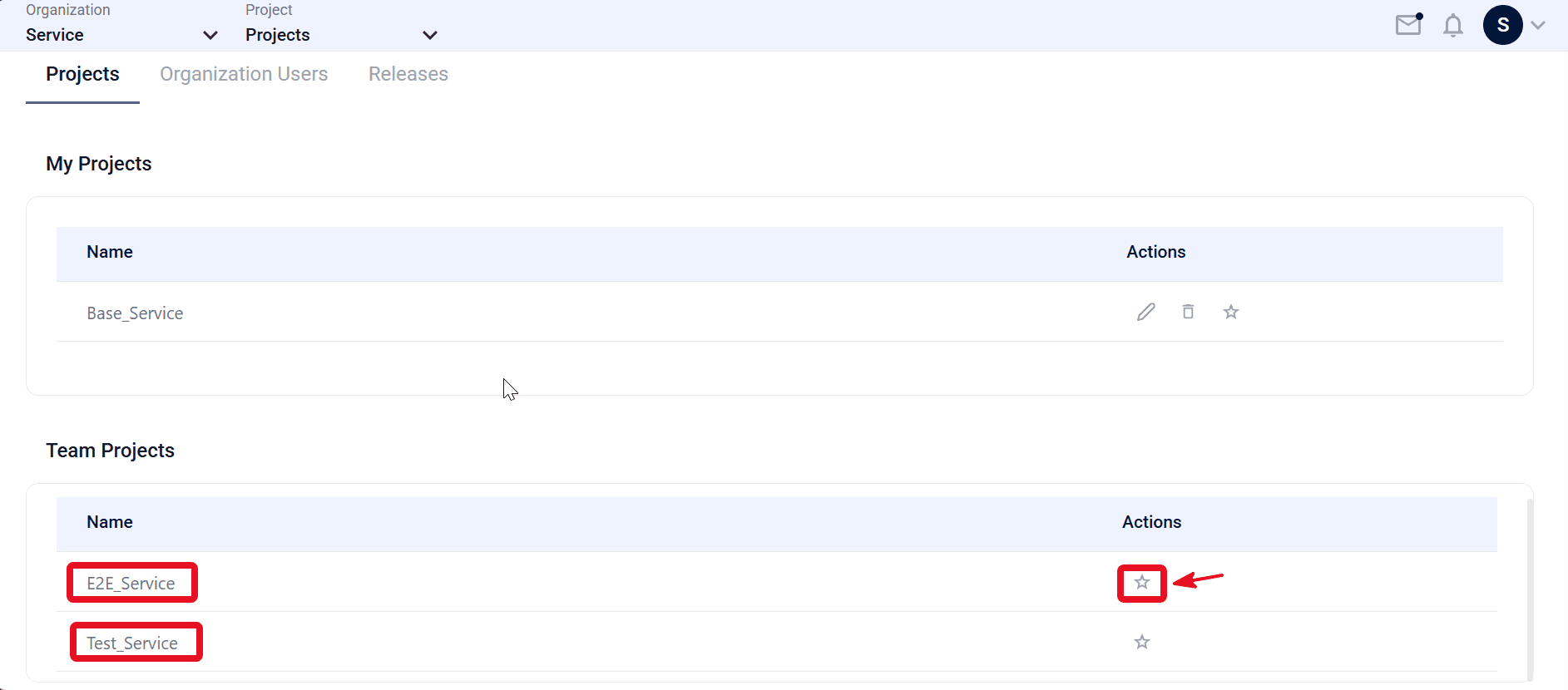 Projects page with My Projects and Team Projects tables