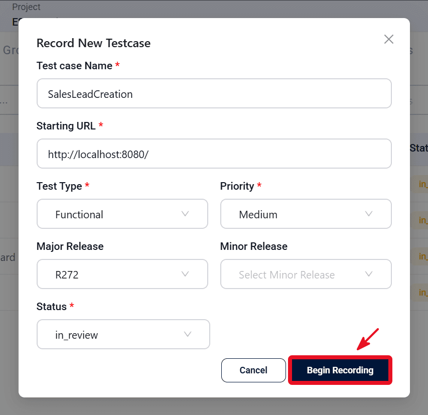  modal window  rec create testcase