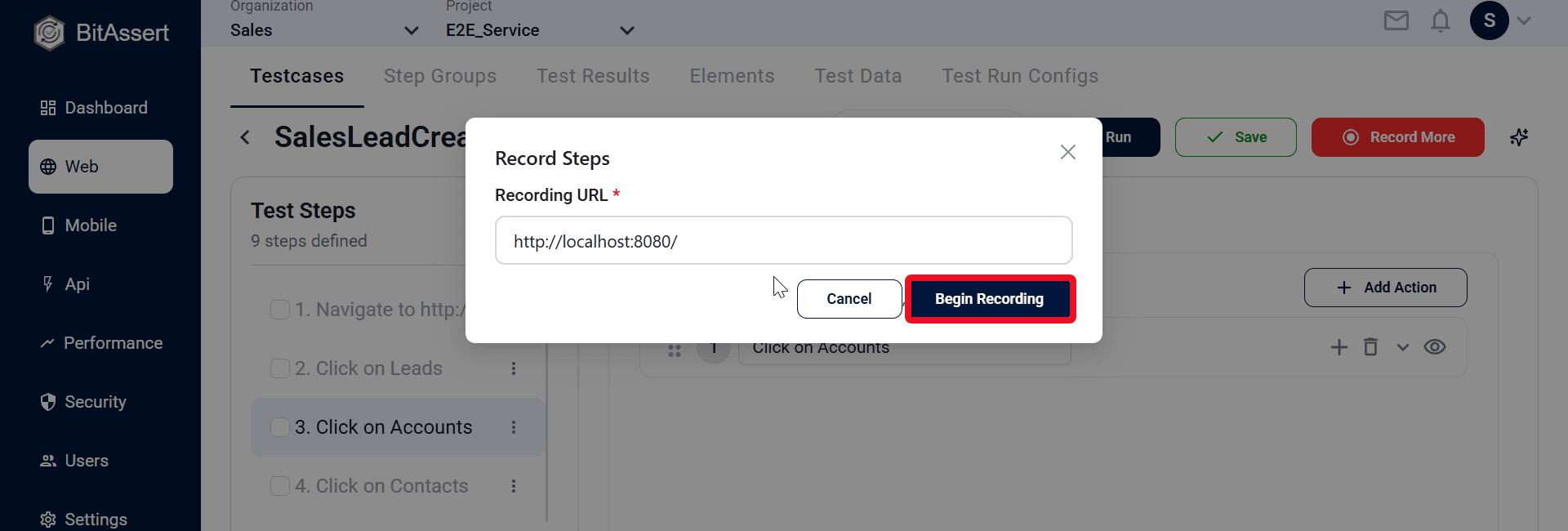  modal window  rec create testcase