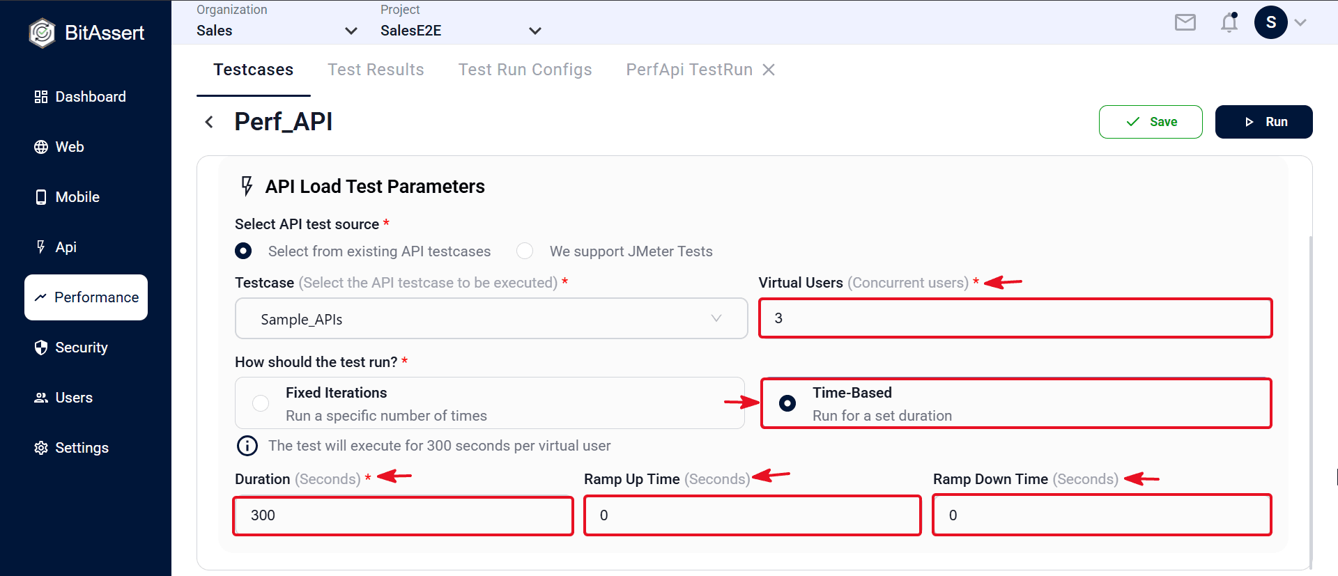API load testcase with Time-Based duration, Virtual Users, and ramp settings