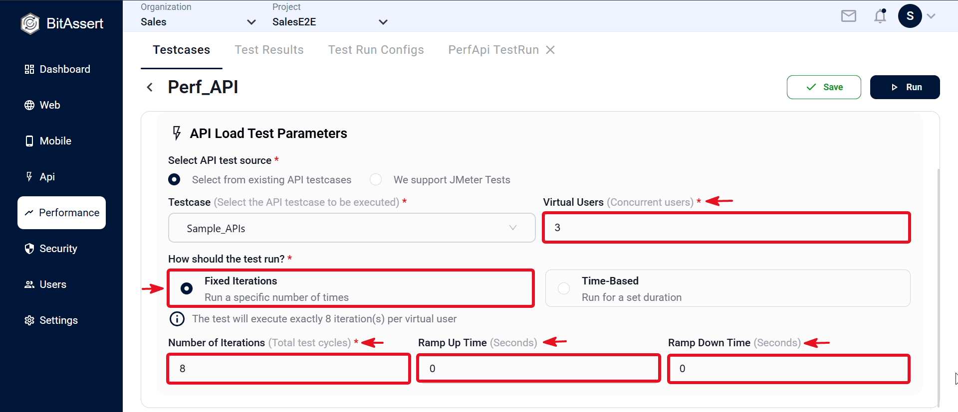 API load testcase with Fixed Iterations, Virtual Users, and ramp settings