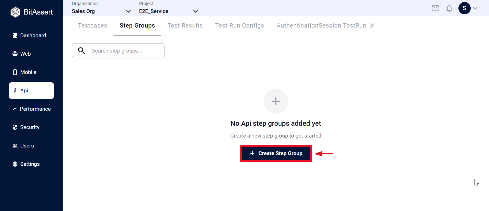 API Step Groups create modal with name, description, base URL, status, and release tags