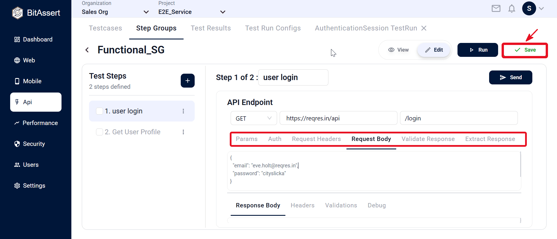 API Step Group editor with HTTP steps, request tabs, and Send