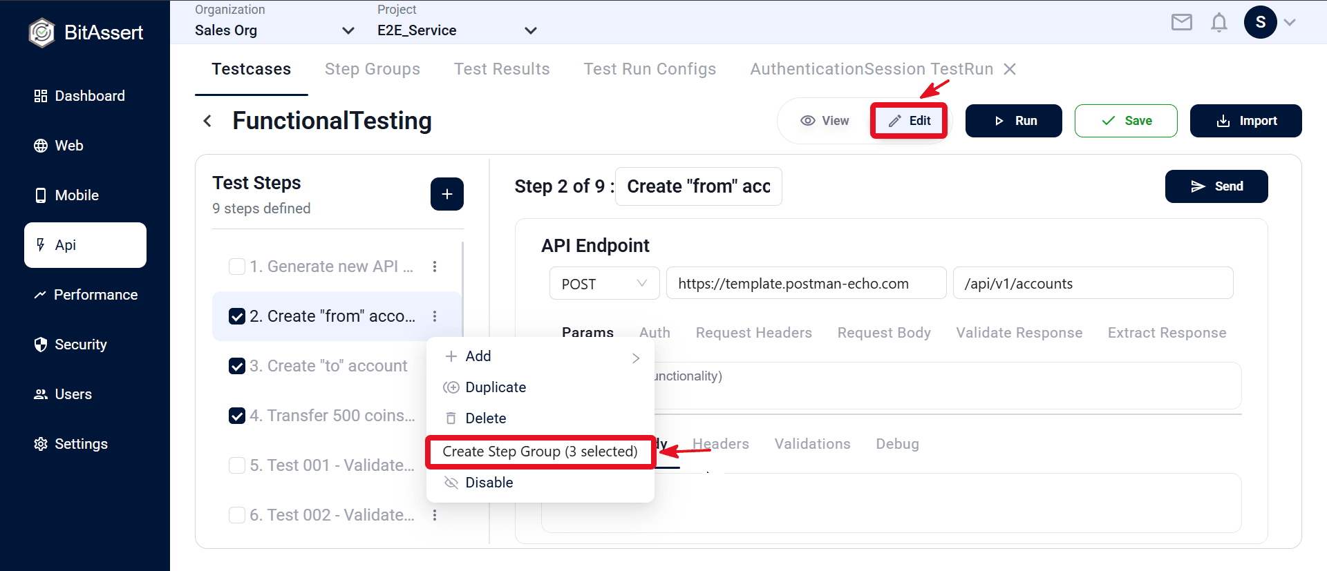 Create Step Group from selected API steps in testcase editor