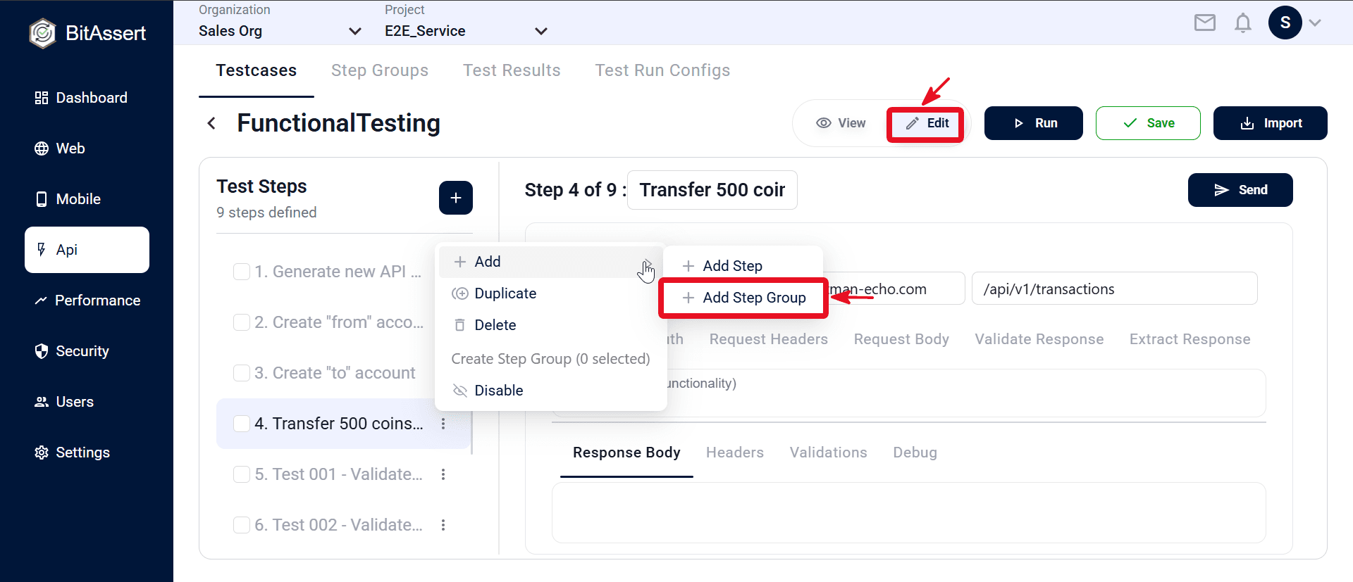 Add Step Group from API testcase step menu