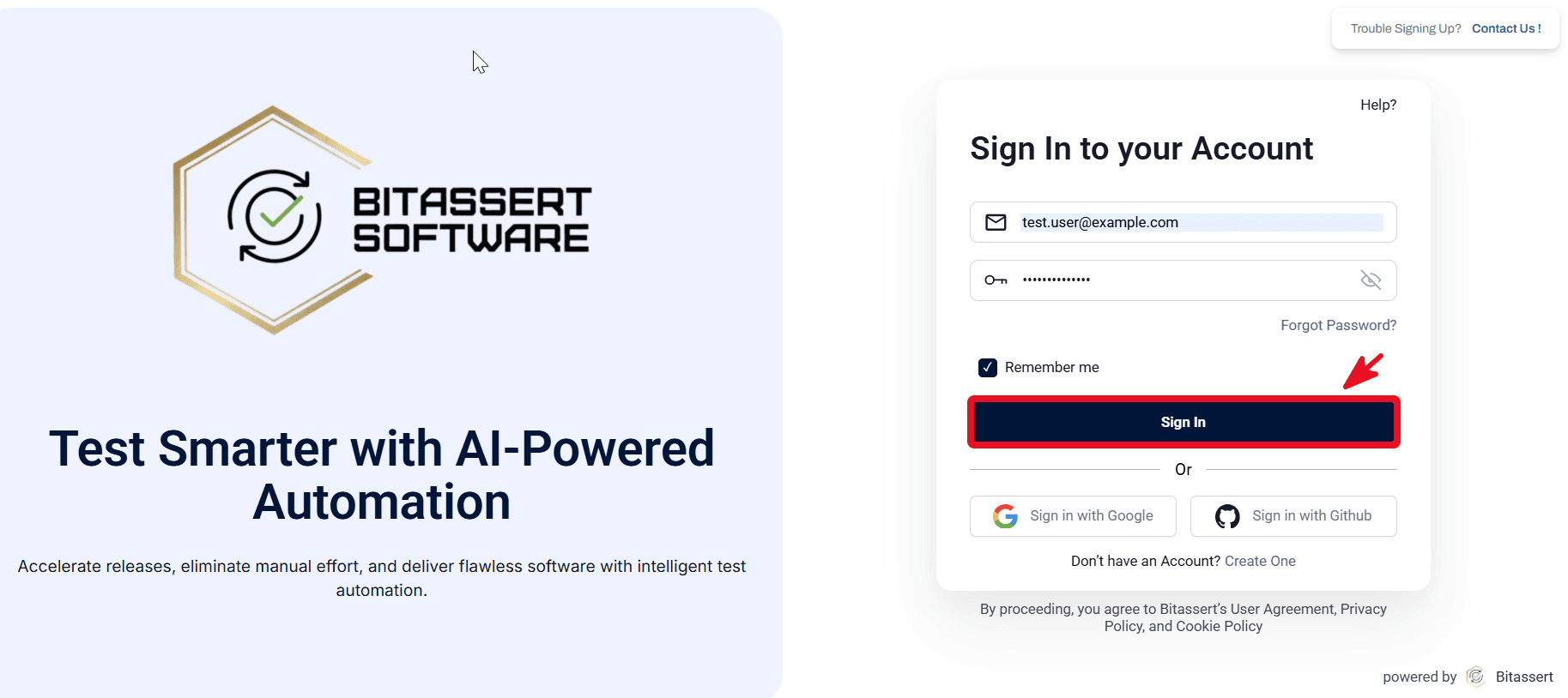 Bitassert sign-in page for existing users
