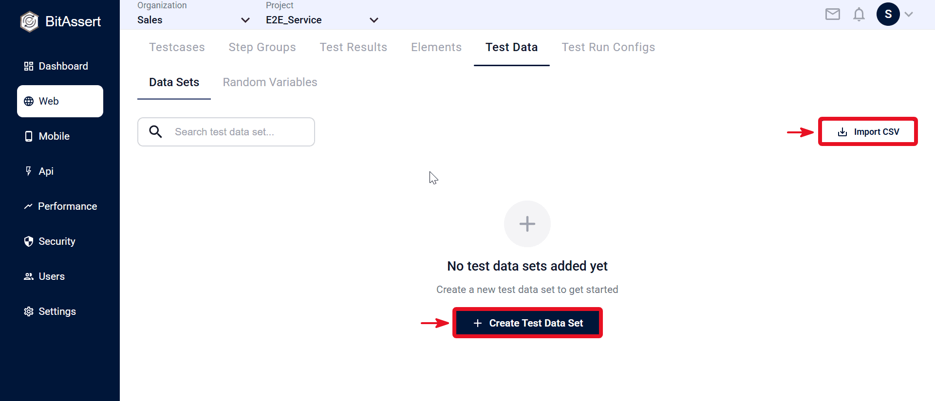 Test Data Data Sets tab with Create and Import CSV