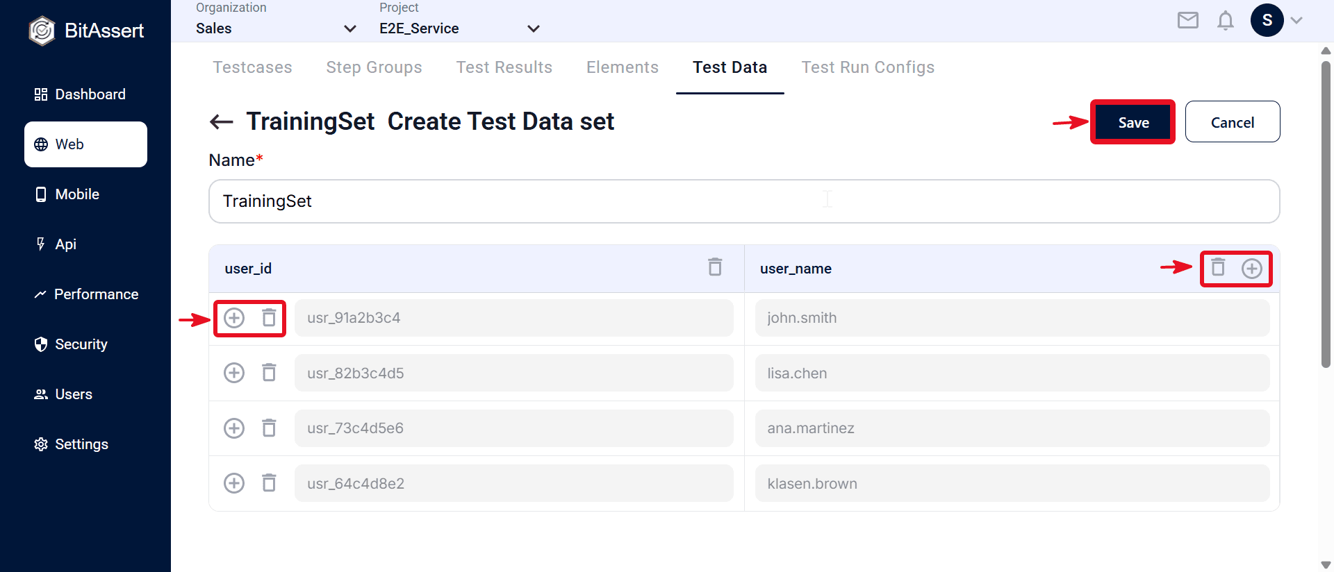 Create Test Data set editor with Name, columns, rows, and Save button