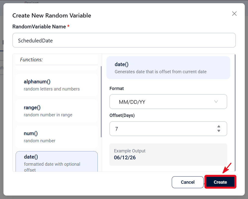 Create New Random Variable modal with date function settings and Create button