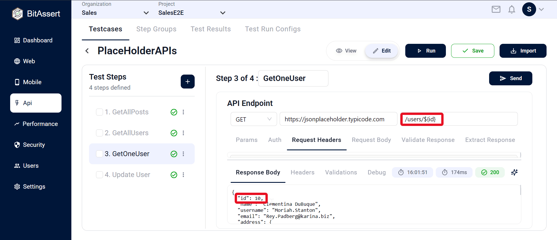 GetOneUser step using extracted id variable in URL path