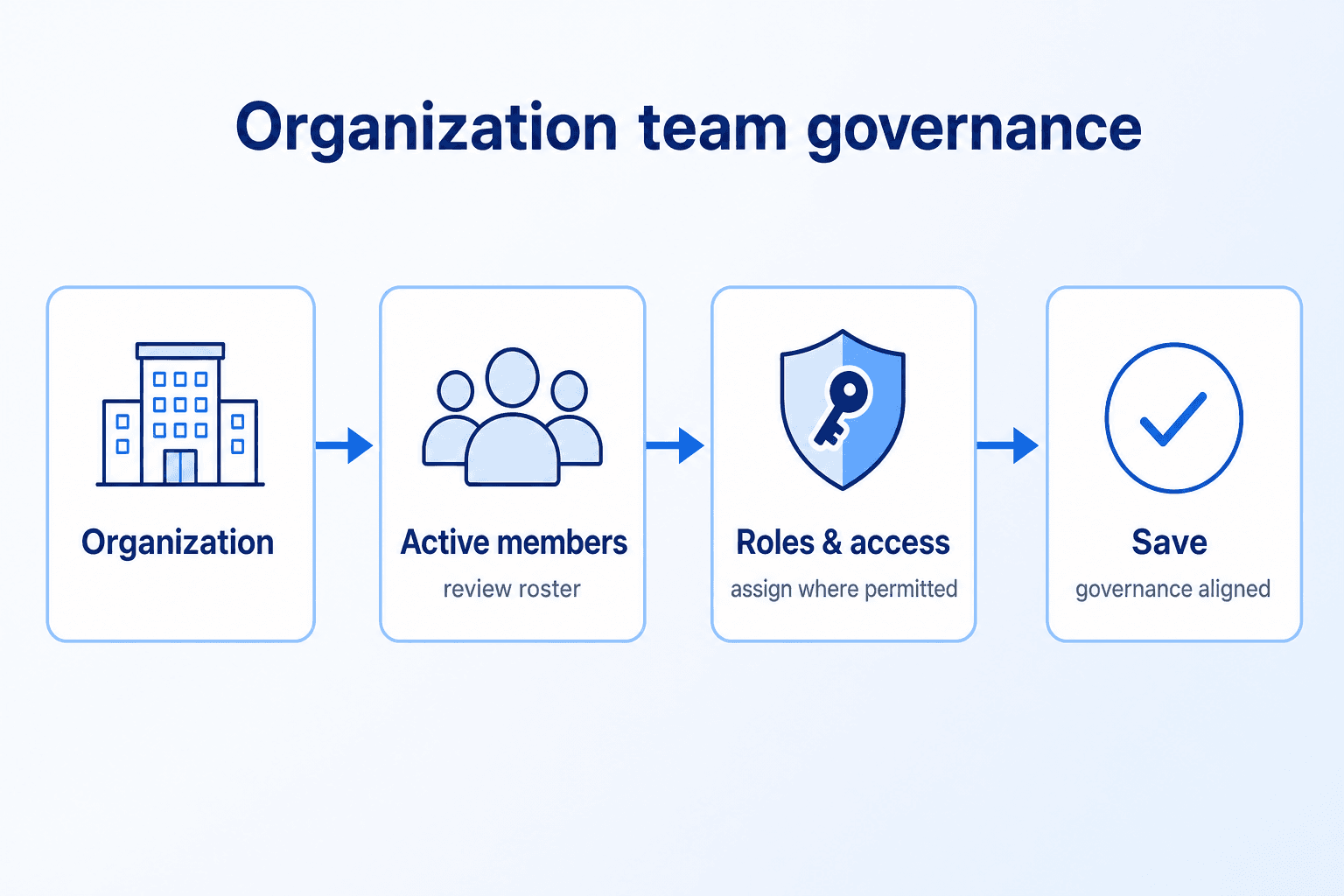Organization team flow: active members, roles and access, save and align governance