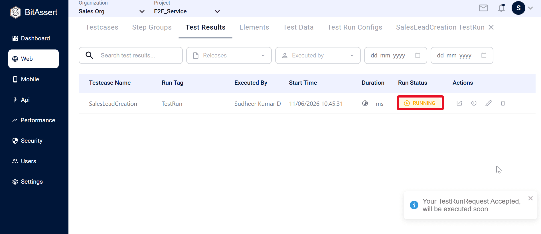 Web Test Results list with run row clicked