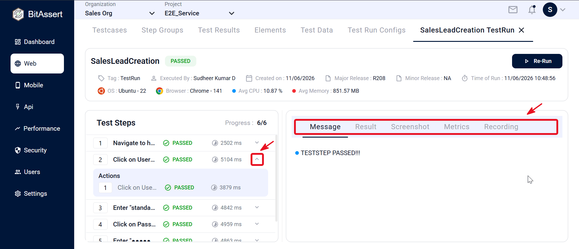 Web Test Results run details page with Test Steps panel expanded