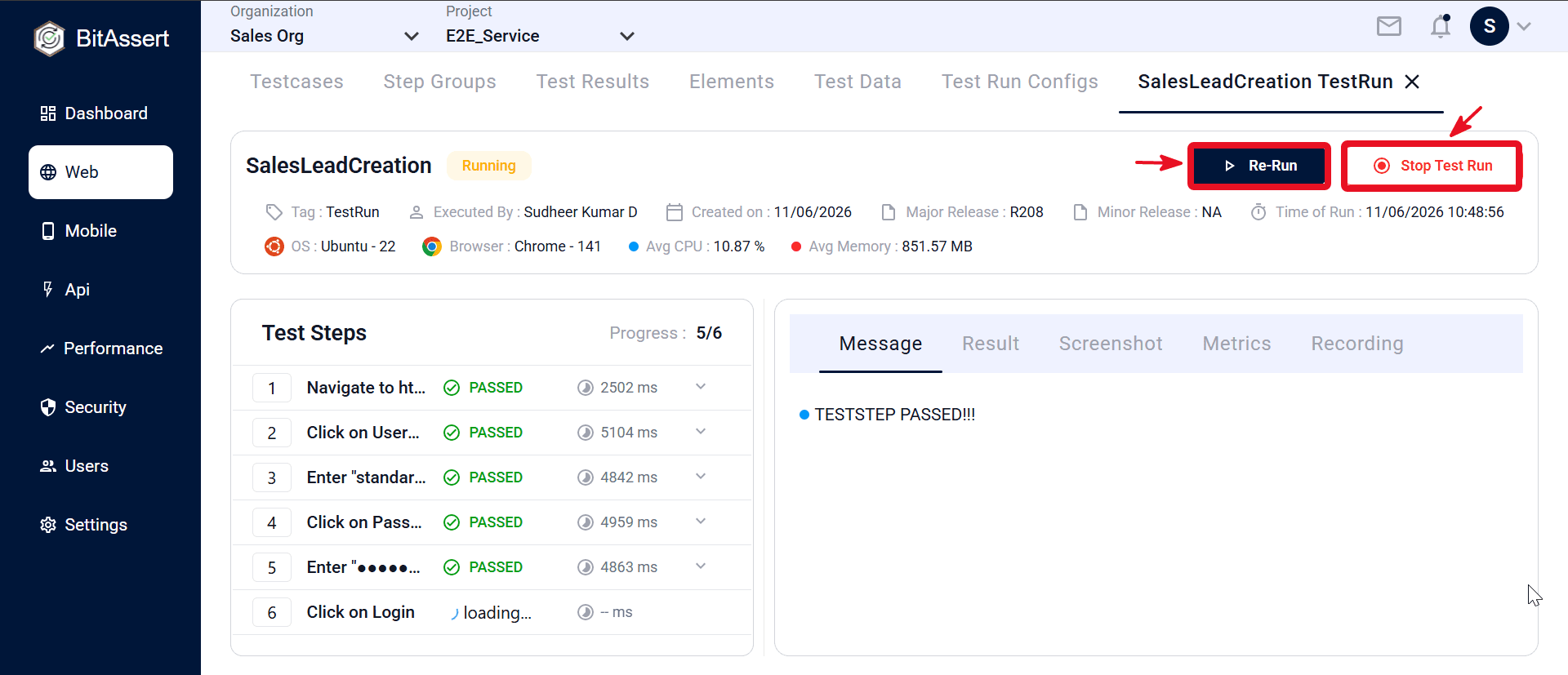 Web Test Results run details page with Re-Run, Stop Test Run, and Cancel actions