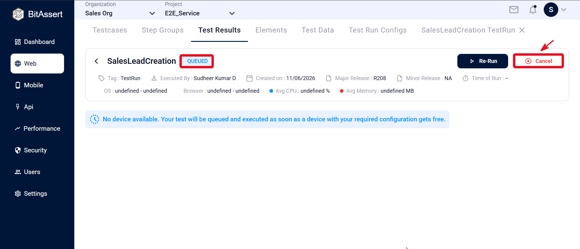 Web Test Results run details page with Re-Run, Stop Test Run, and Cancel actions
