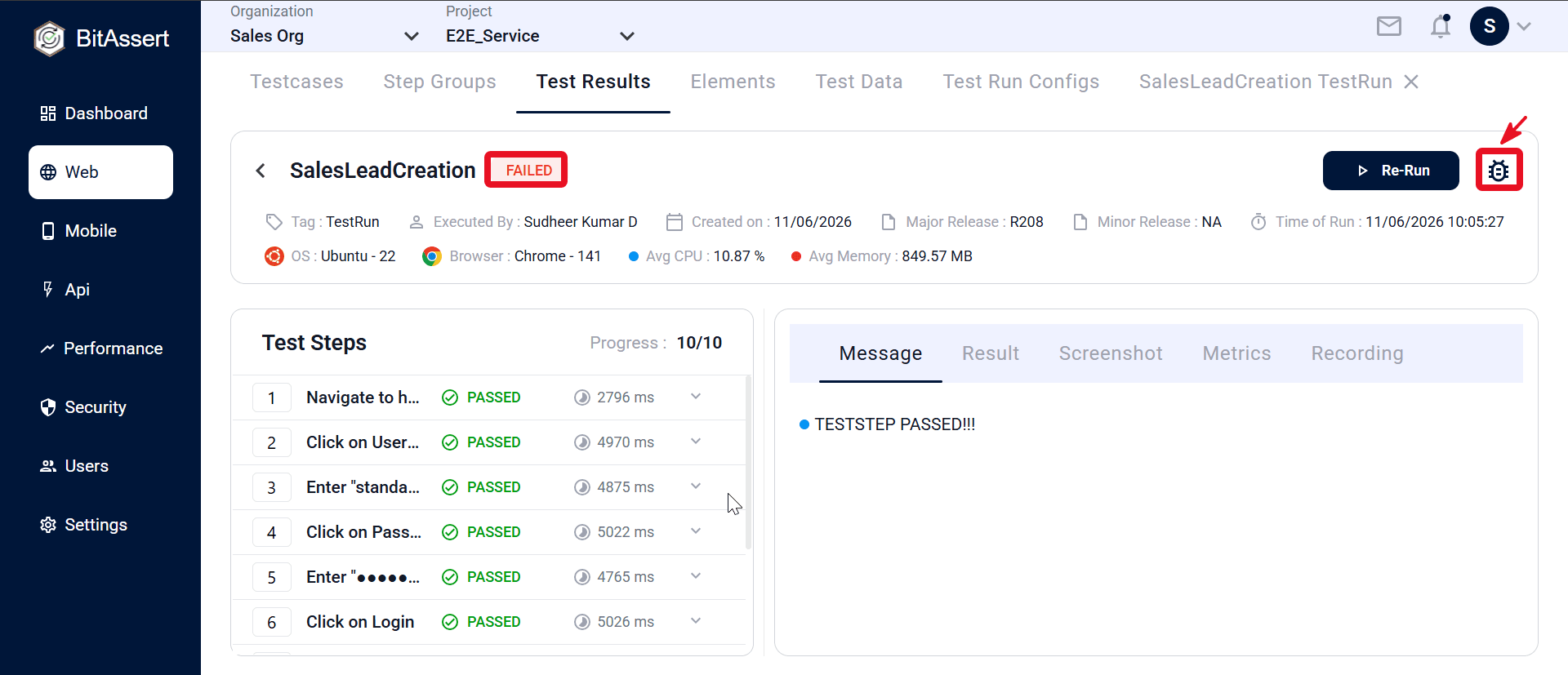 Web Test Results run details page with Re-Run, Stop Test Run, and Cancel actions