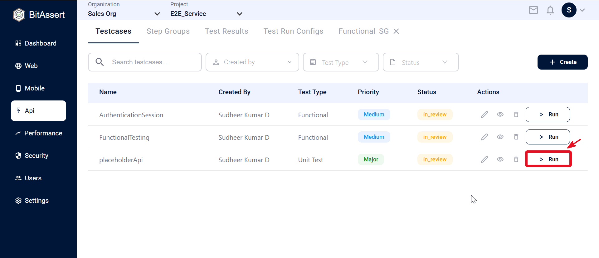 API testcase Run Cloud menu
