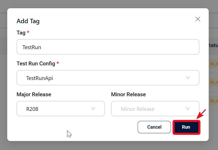 API cloud run dialog with tag and Test Run Config