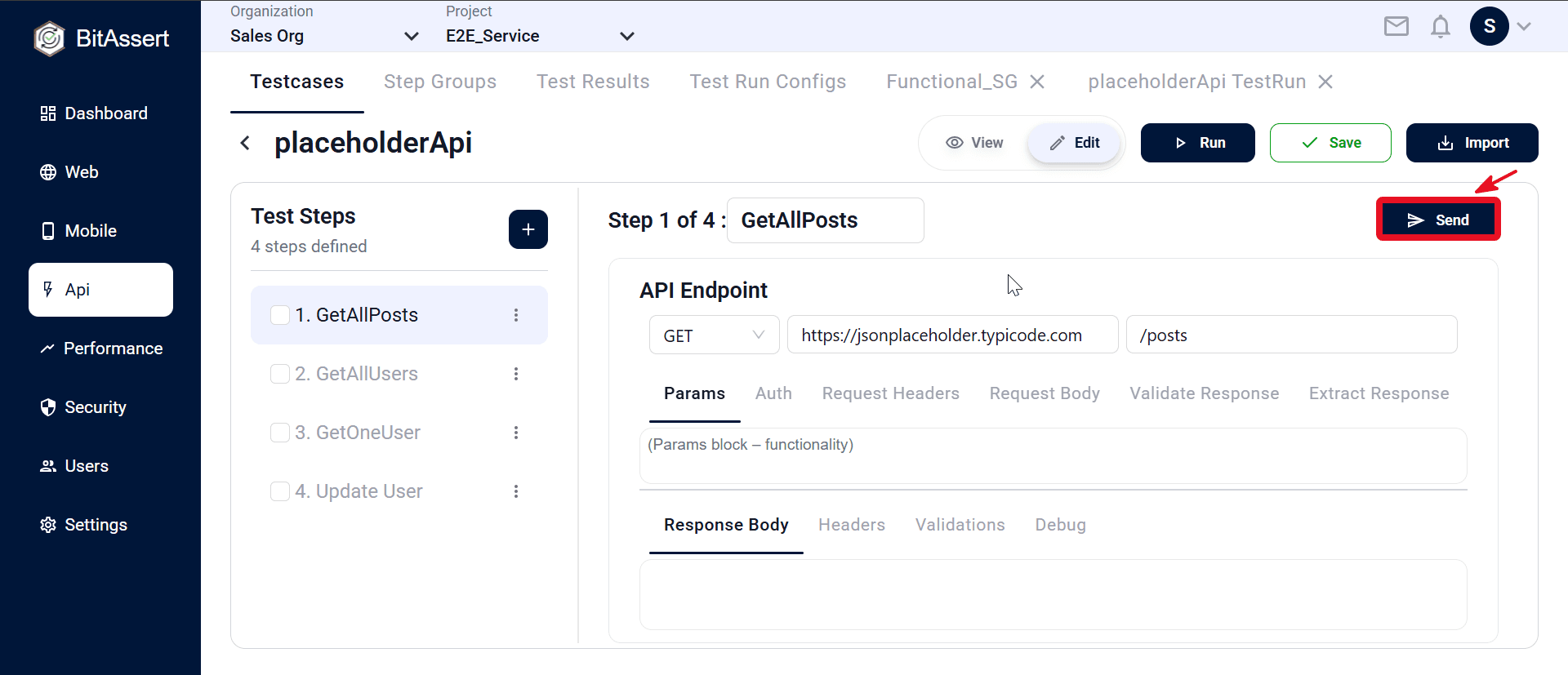 API step Send through Local Agent with response panel