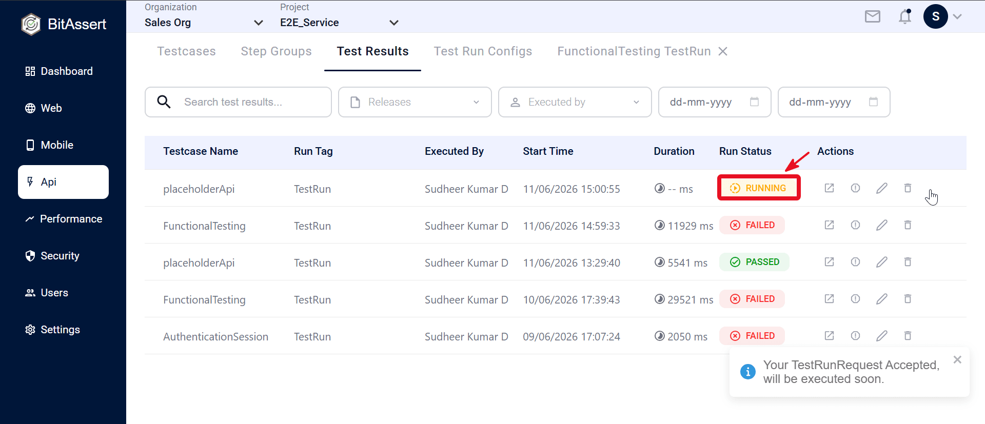 API Test Results list with run rows and filters