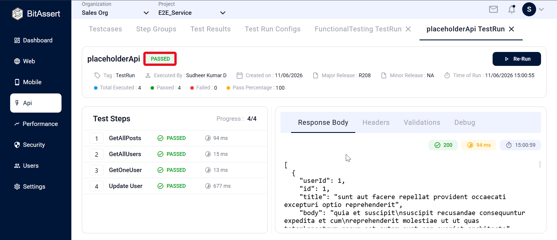 API Test Results detail view with step list and response tabs