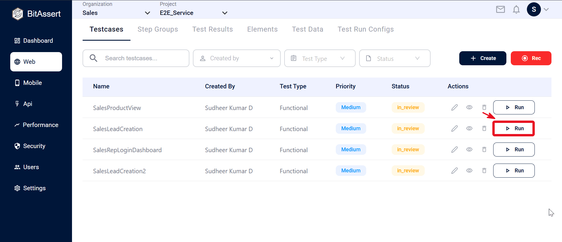 Web Testcases list with Run button in the Actions column