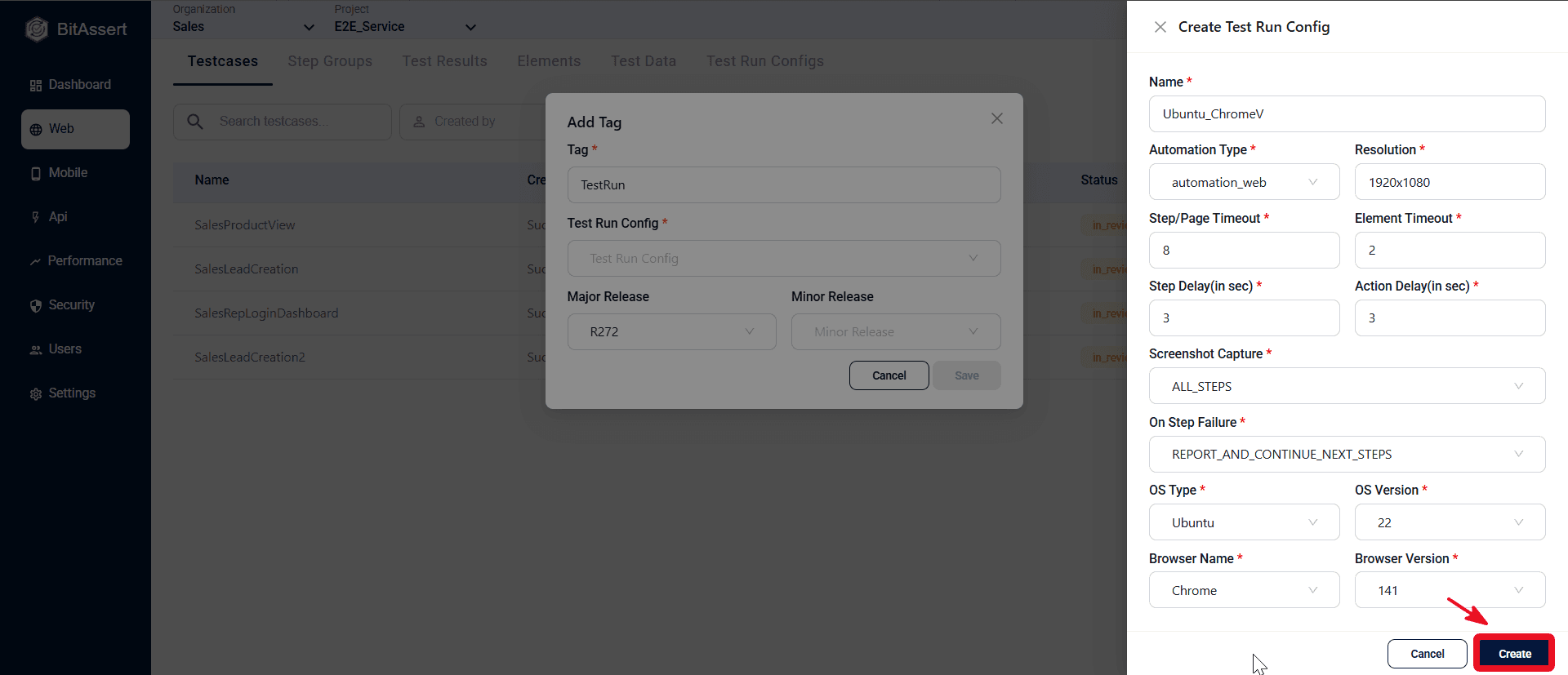 Web Testcases list with Run button in the Actions column