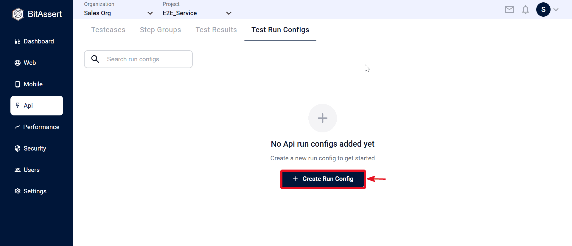 API Test Run Configs list with Create button