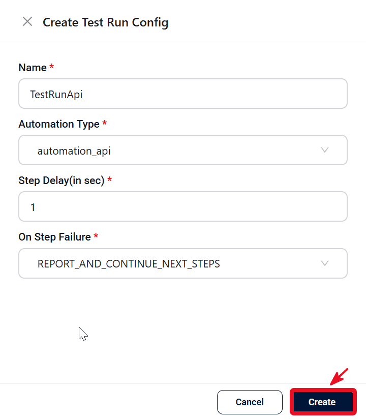Create API Test Run Config modal with automation_api settings