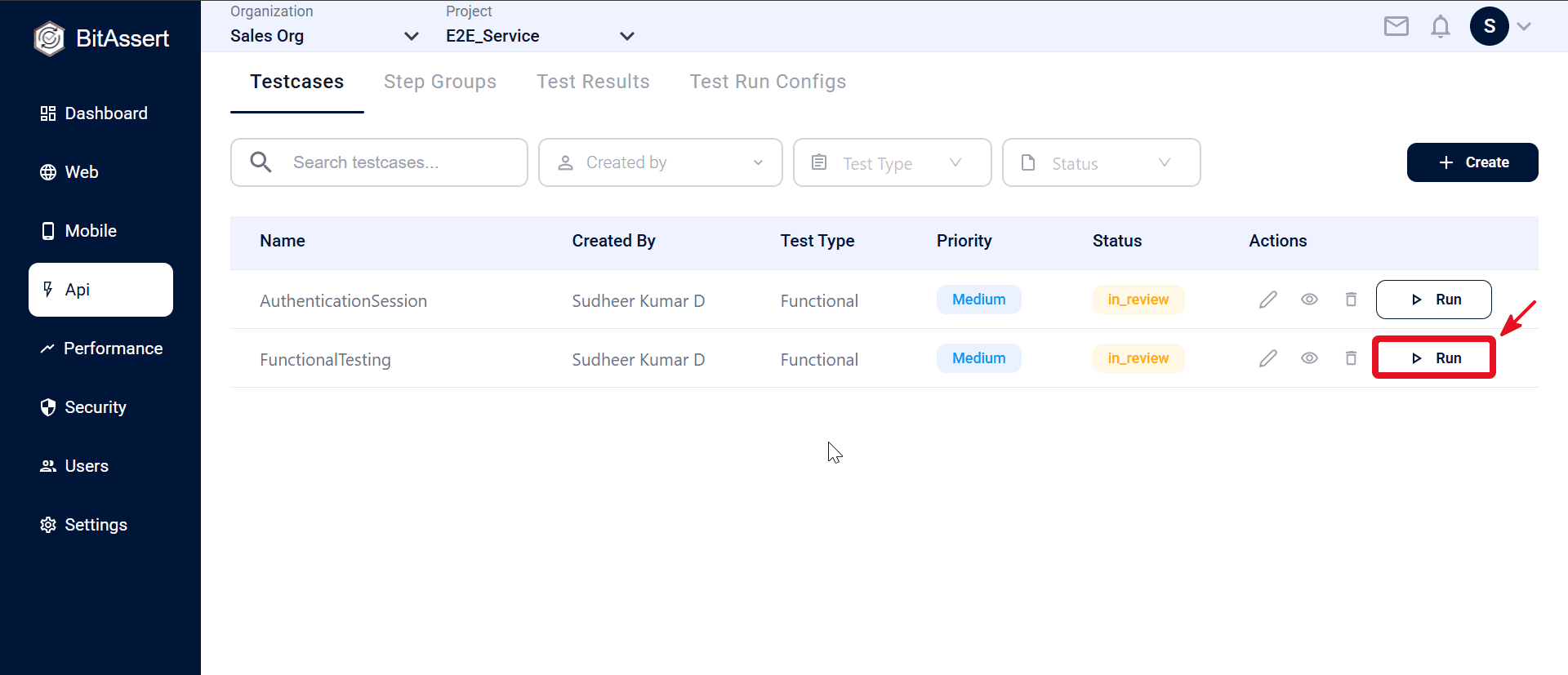 API testcase cloud run dialog