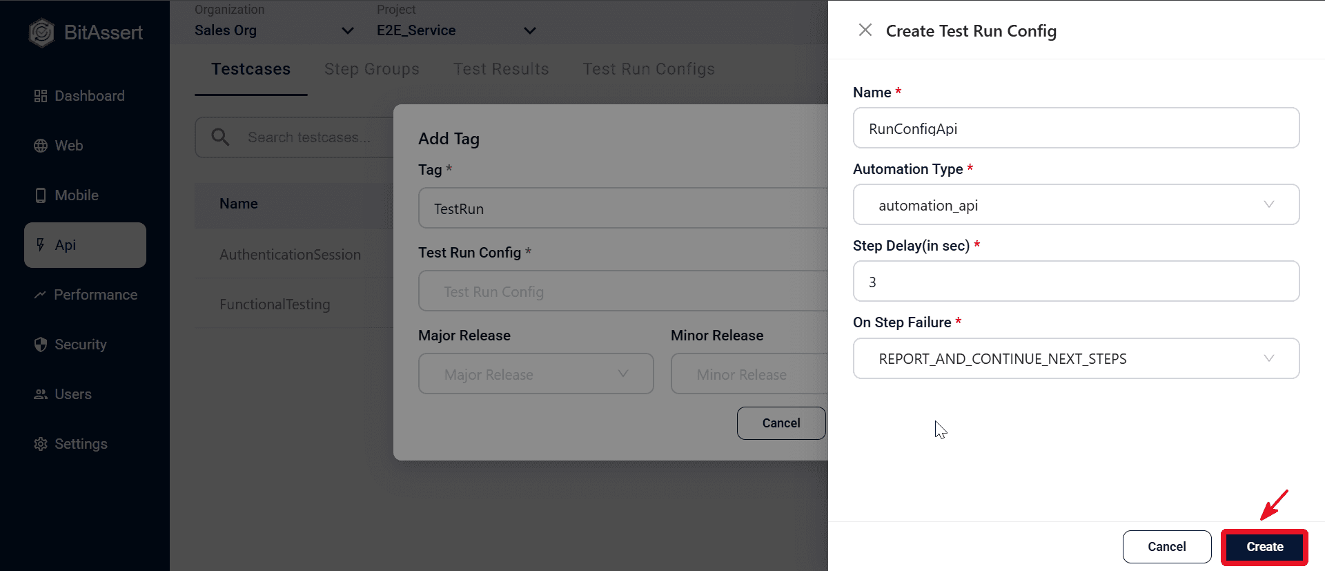 API cloud run dialog with tag and Test Run Config selected