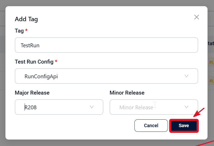 API cloud run dialog with tag and Test Run Config selected