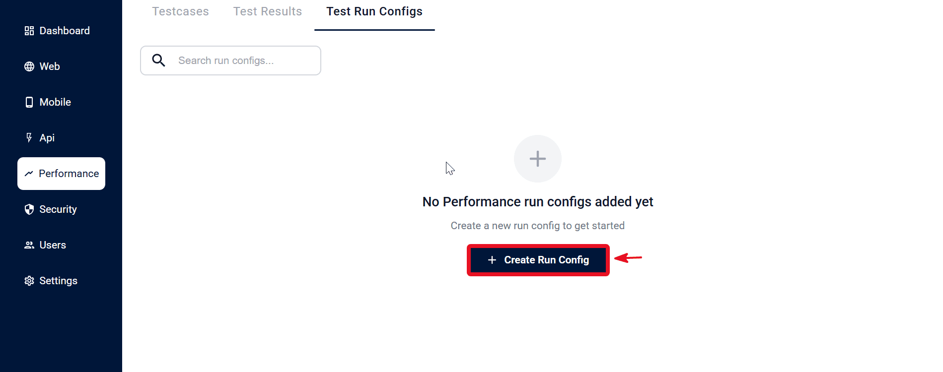Performance Test Run Configs list with Create button