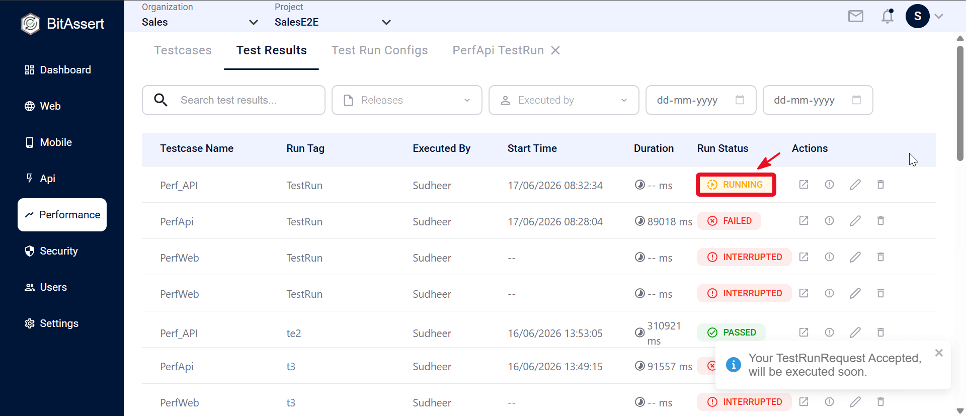 Performance Test Results list with run rows and filters