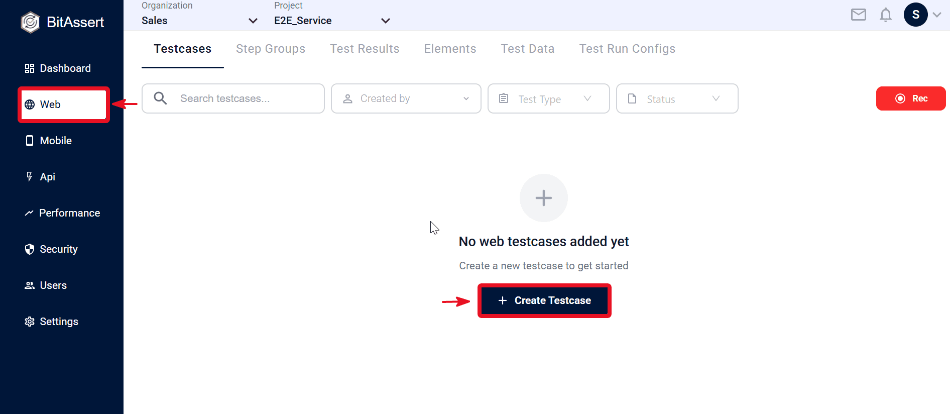 Web Testcases tab with Create button