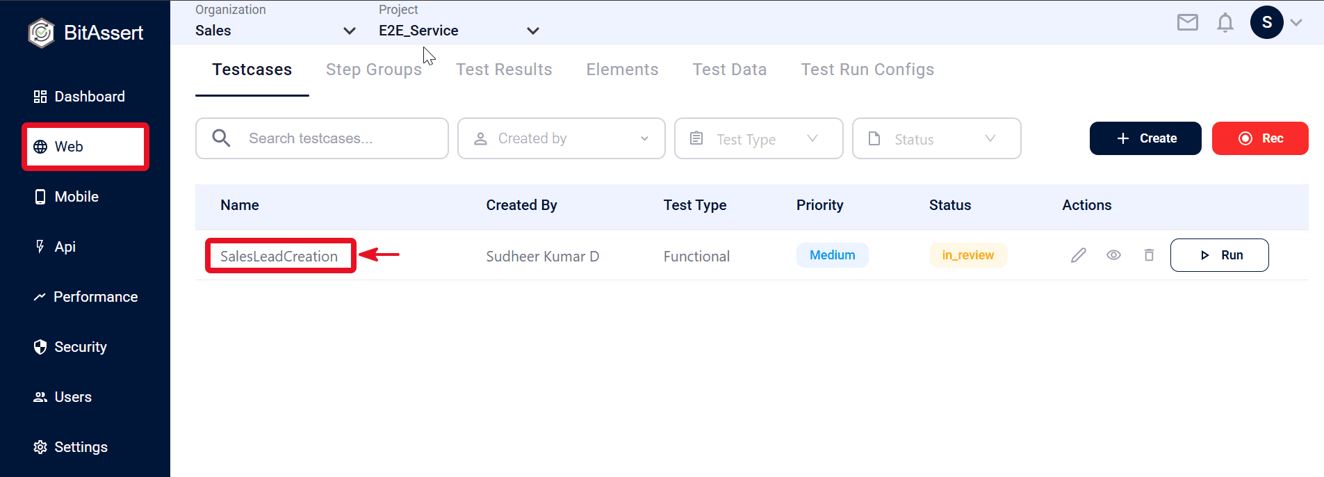 New testcase listed in Testcases table; click name to open details