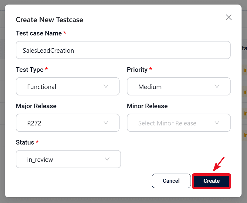Create testcase modal with details fields